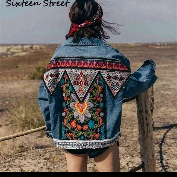 Blue Denim Embroidered Jean Jacket Oversized OSFM - Picture 8 of 14